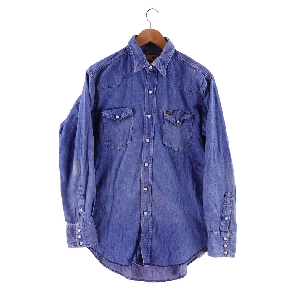Vintage Maverick Mens 16.5x34Denim Western Shirt Pearl Snap Blue Made in USA